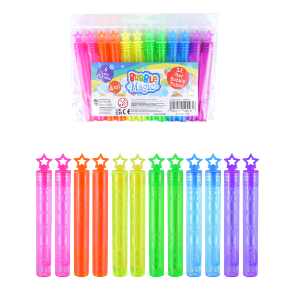 HENBRANDT Neon Star Party Bubble Tubes with Wand (Pack of 12) Children’s 4ml Party Bubbles Loot Bag Fillers