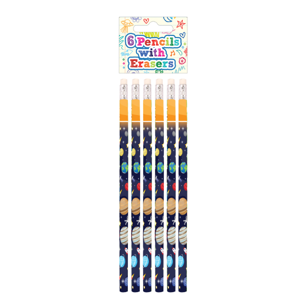 HENBRANDT Children’s Space Pencils with Erasers Pack of 6 Kids Stationery Gift Birthday Xmas Party Favour Loot Bag Filler